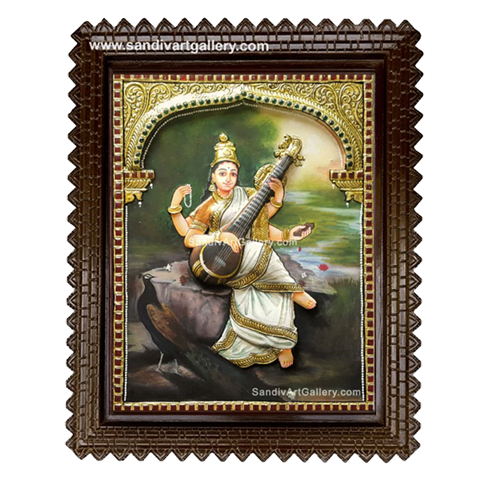 Ravivarma Style Saraswathi 2D Embossed Tanjore Painting