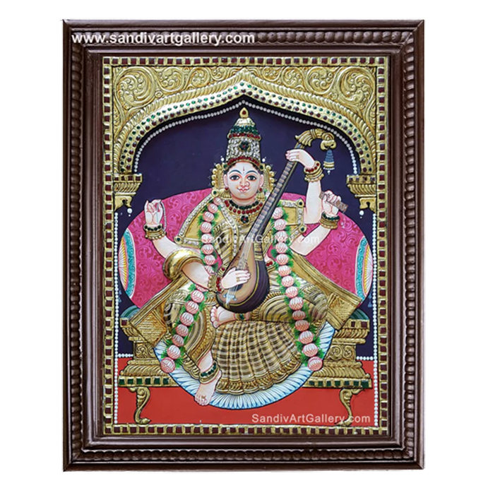 Saraswati Devi Semi Embossed Tanjore Painting