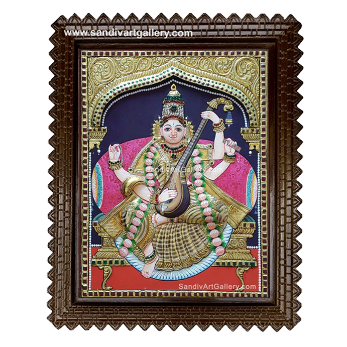 Saraswati Devi Semi Embossed Tanjore Painting