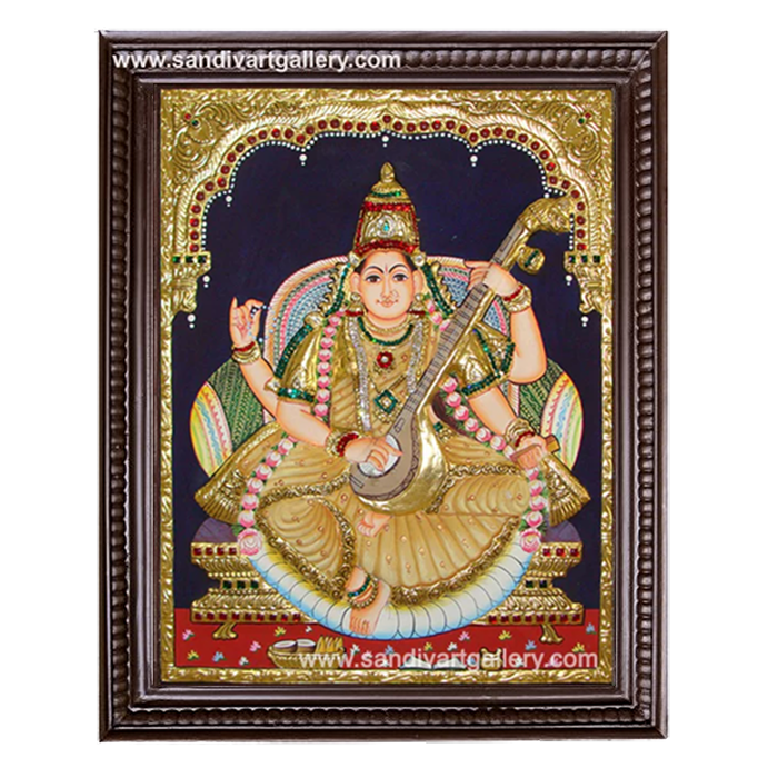 Saraswati Devi Semi Embossed Tanjore Painting 1