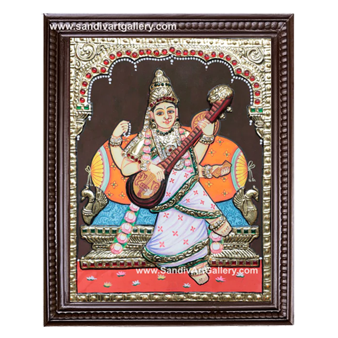 Ravivarma Saraswathi Semi Embossed Tanjore Painting