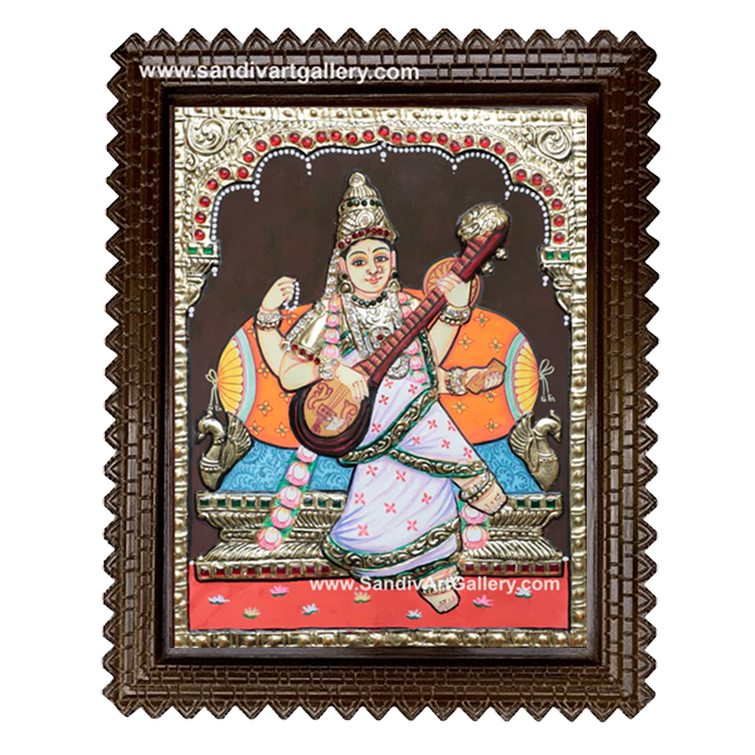 Ravivarma Saraswathi Semi Embossed Tanjore Painting