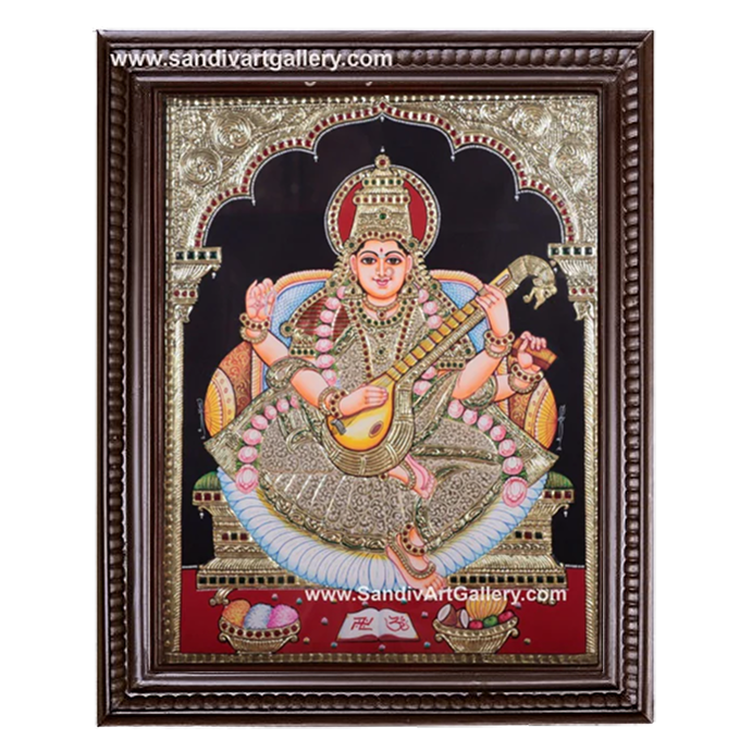 Saraswathi in Golden Saree Tanjore Painting