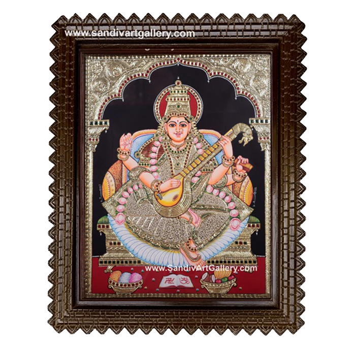 Saraswathi in Golden Saree Tanjore Painting