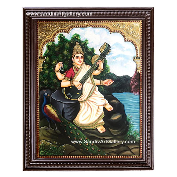 Goddess Saraswathi Ravi Varma Style Tanjore Painting