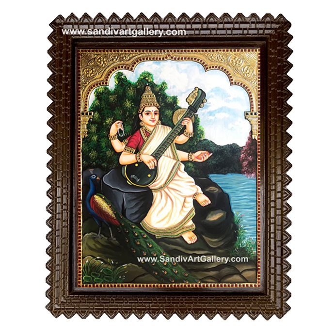 Goddess Saraswathi Ravi Varma Style Tanjore Painting