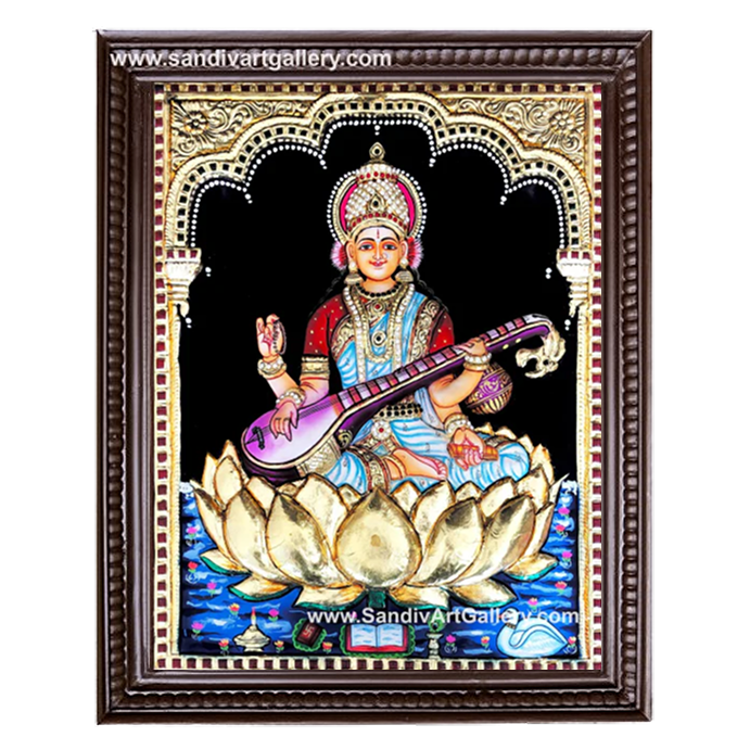 Saraswthi on Lotus 3D Embossed Tanjore Painting