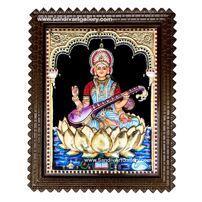 Saraswthi on Lotus 3D Embossed Tanjore Painting