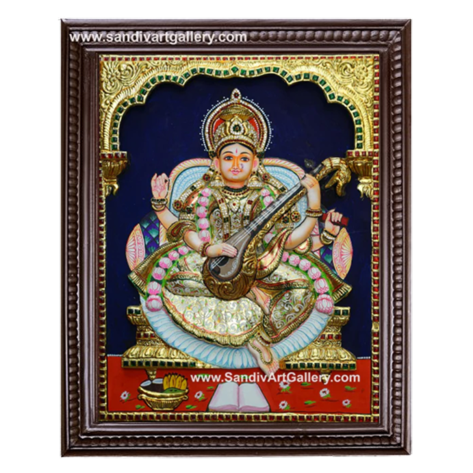 Goddess Saraswathi 3D Embossed Tanjore Painting