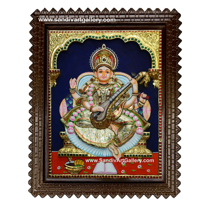 Goddess Saraswathi 3D Embossed Tanjore Painting