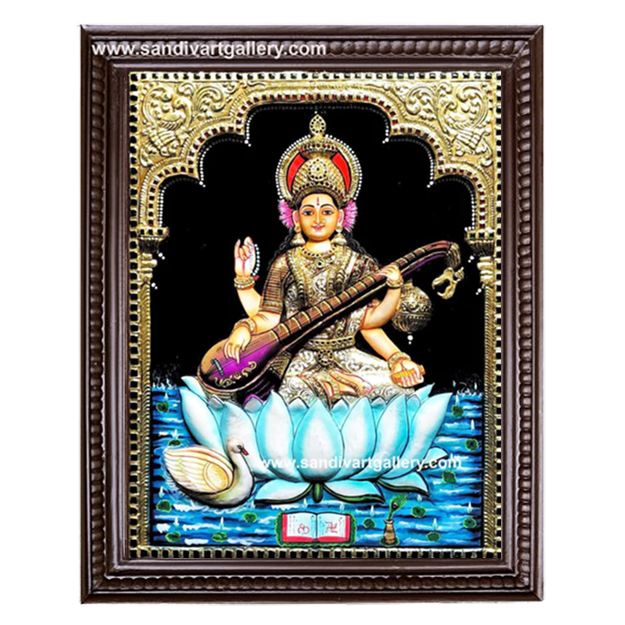 Thamarai Saraswathi 3D Embossed Tanjore Painting