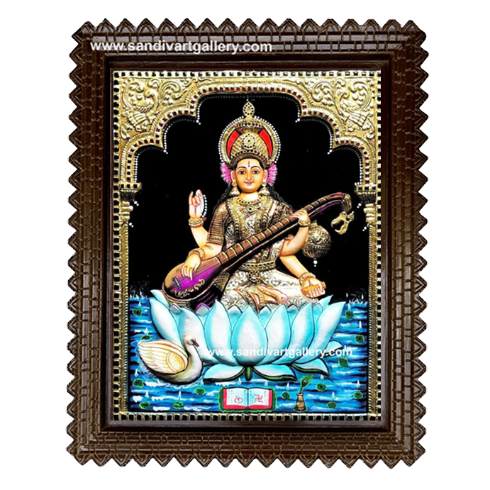 Thamarai Saraswathi 3D Embossed Tanjore Painting