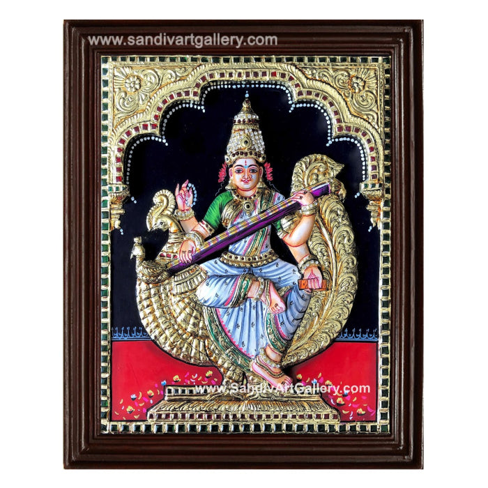 Saraswathi on Swan 3D Embossed Tanjore Painting