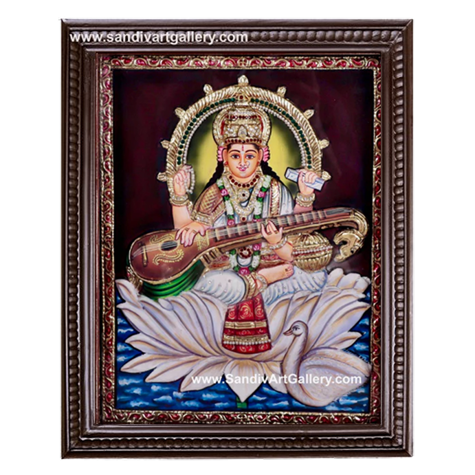 Saraswathi on Lotus 3D Embossed Tanjore Painting