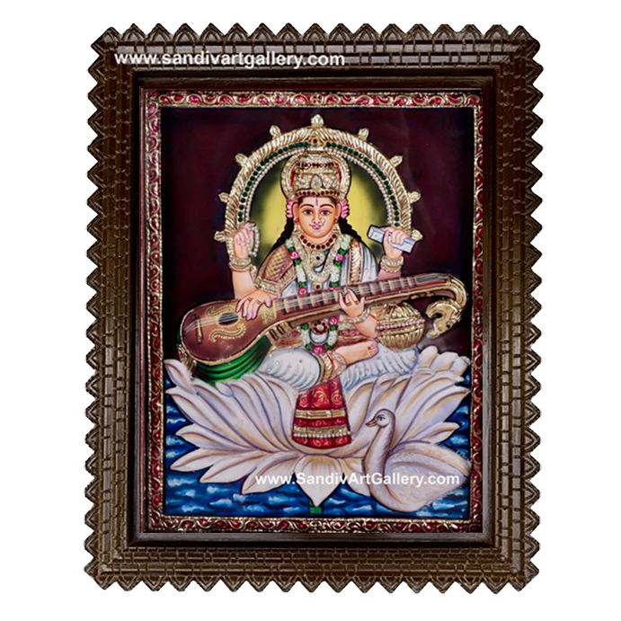 Saraswathi on Lotus 3D Embossed Tanjore Painting