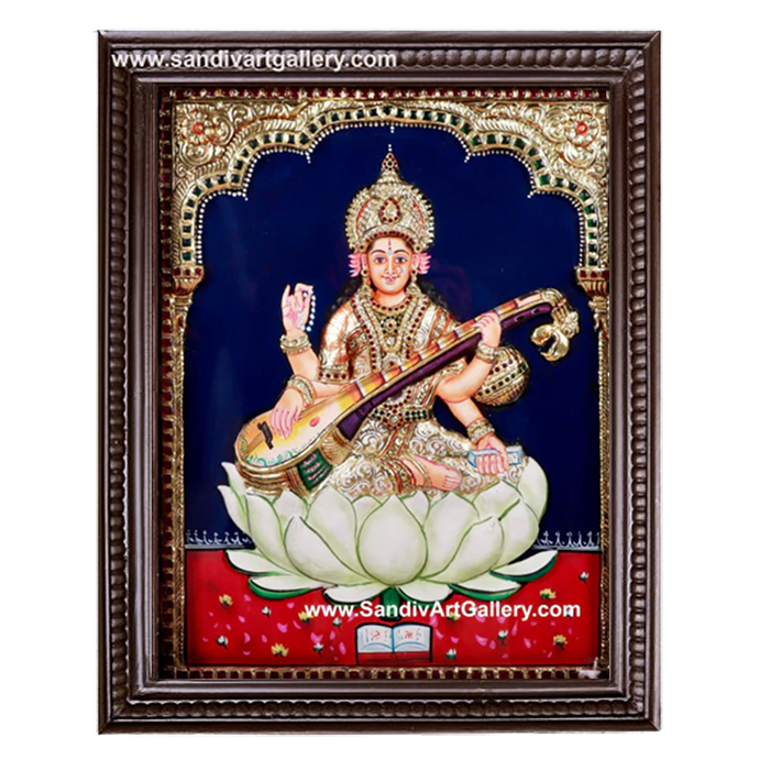 Saraswathi Maa on Lotus 3D Embossed Tanjore Painting