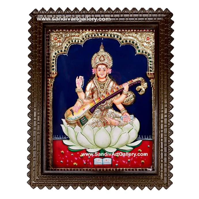 Saraswathi Maa on Lotus 3D Embossed Tanjore Painting