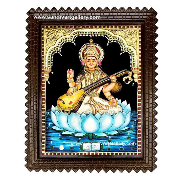 Saraswathi on Lotus 3D Embossed Tanjore Painting 1