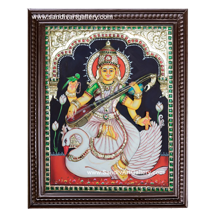Saraswati on Swan 3D Embossed Tanjore Painting