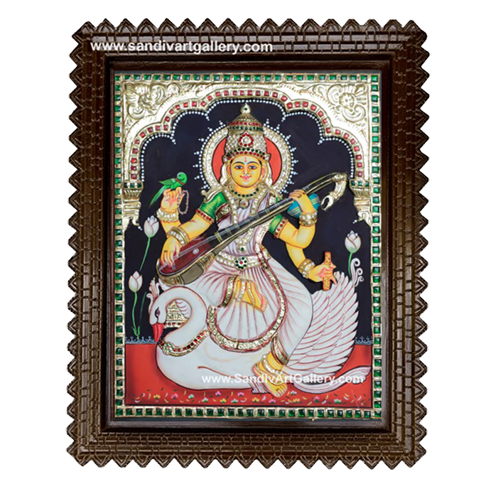 Saraswati on Swan 3D Embossed Tanjore Painting