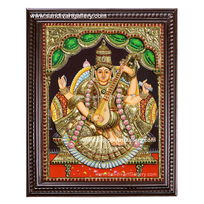 Saraswathi Devi 3D Embossed Tanjore Painting 2
