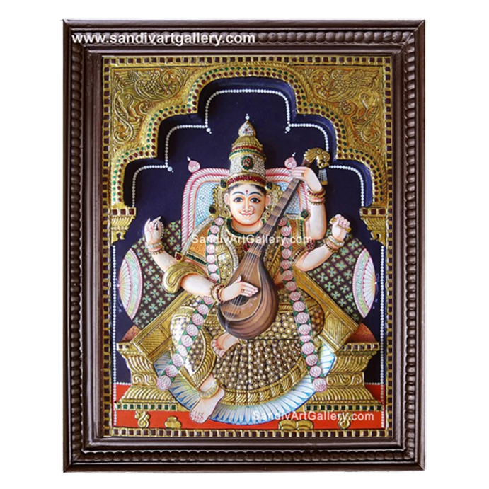Goddess Saraswati 3D Embossed Tanjore Painting