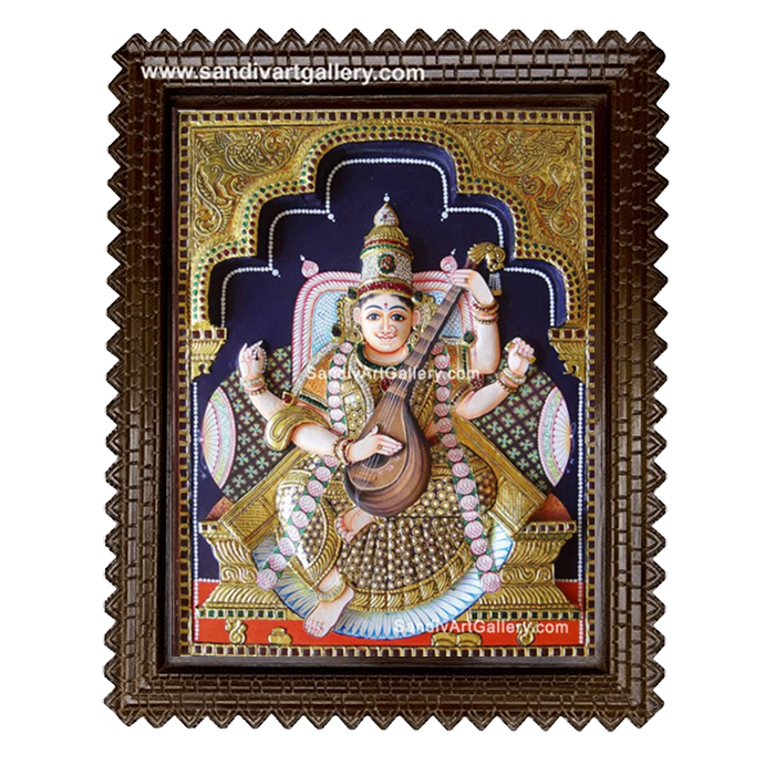 Goddess Saraswati 3D Embossed Tanjore Painting