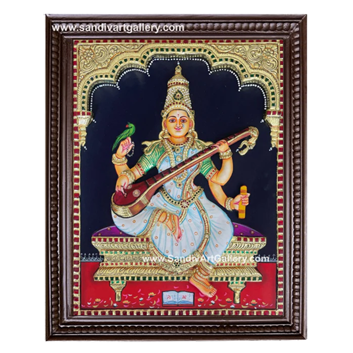 Goddess Saraswati 3D Embossed Tanjore Painting
