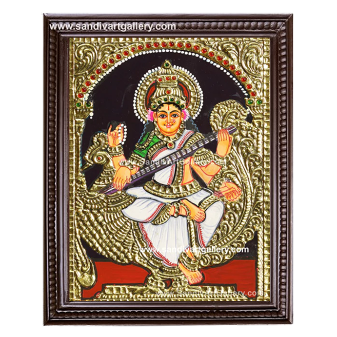 Goddess Saraswathi on Swan Tanjore Painting