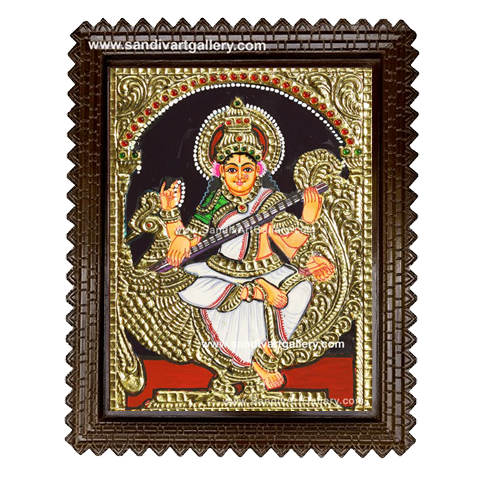 Goddess Saraswathi on Swan Tanjore Painting