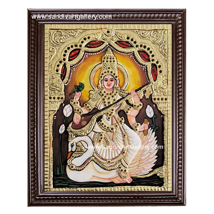 Saraswathi on Swan Tanjore Painting 1