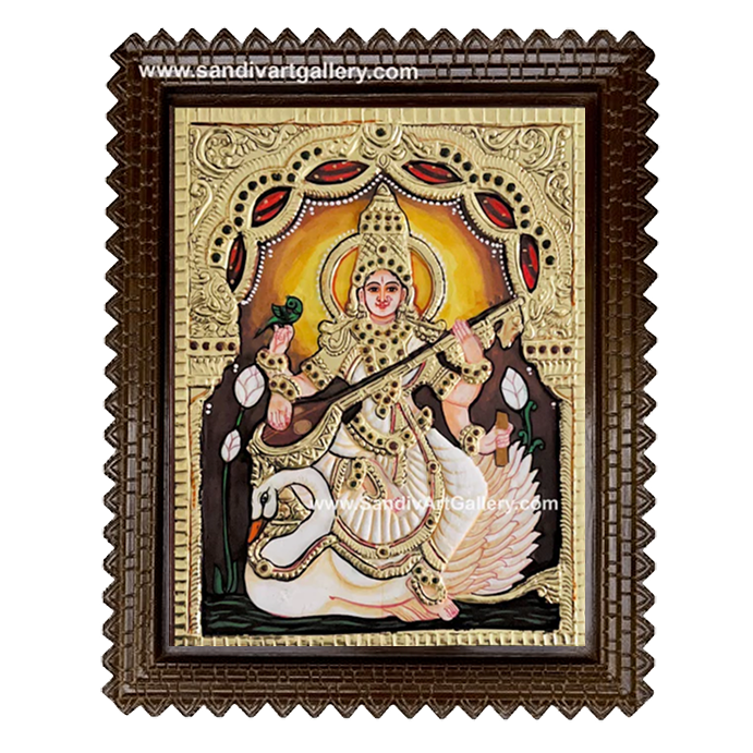 Saraswathi on Swan Tanjore Painting 1