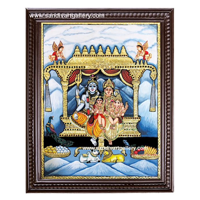 Shiva Parvati Devi Ganesha Karthikeya Tanjore Painting