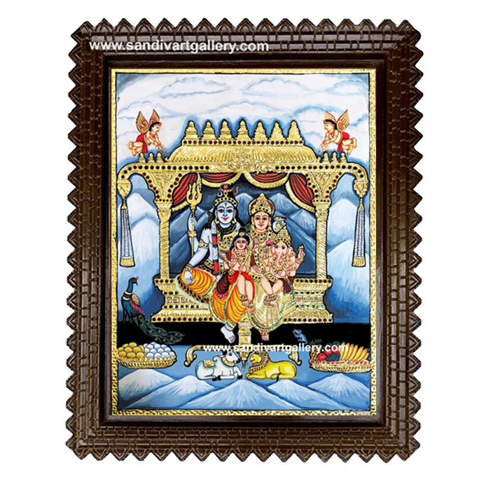Shiva Parvati Devi Ganesha Karthikeya Tanjore Painting