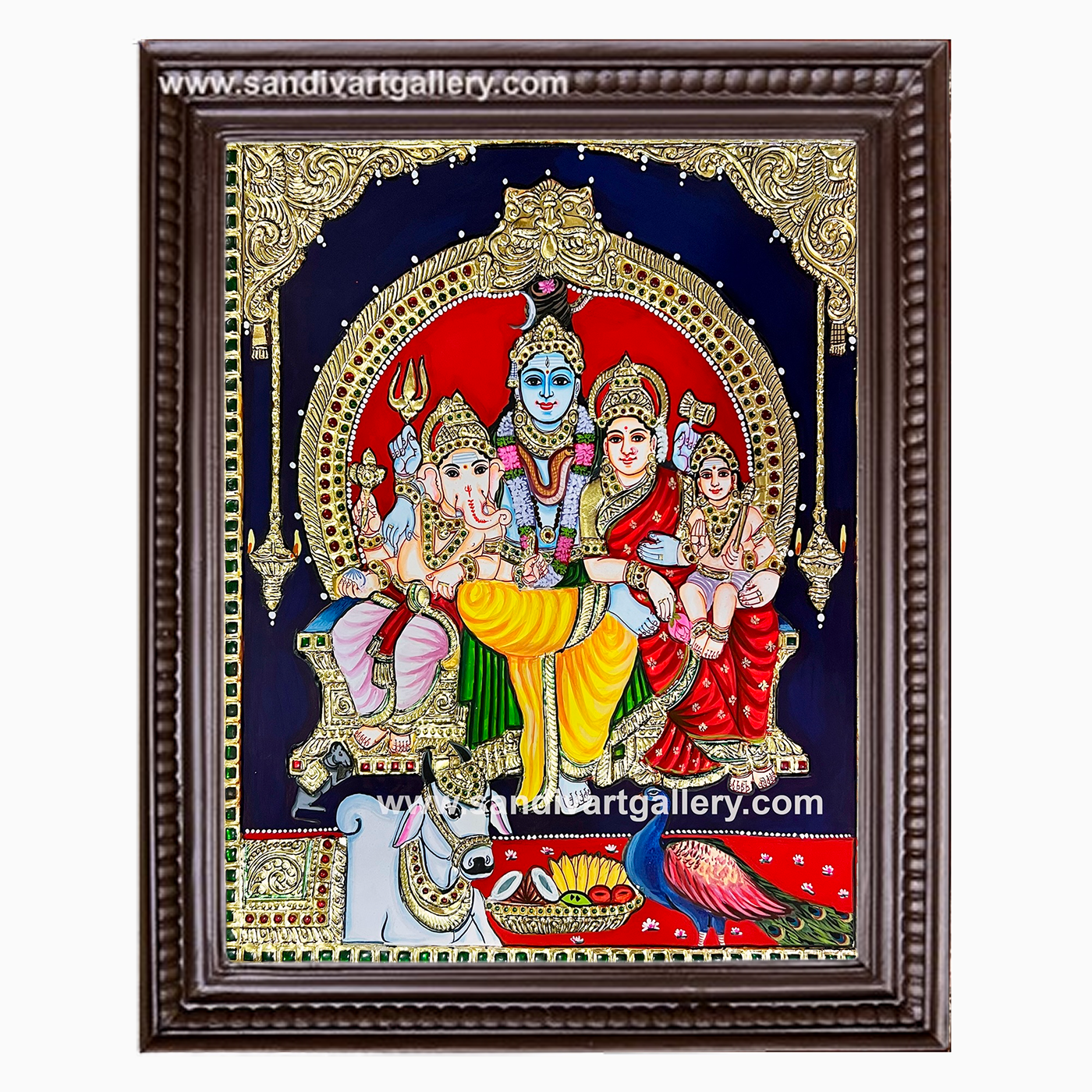 Shivan Parvathi Devi Ganesha Karthikeya Tanjore Painting
