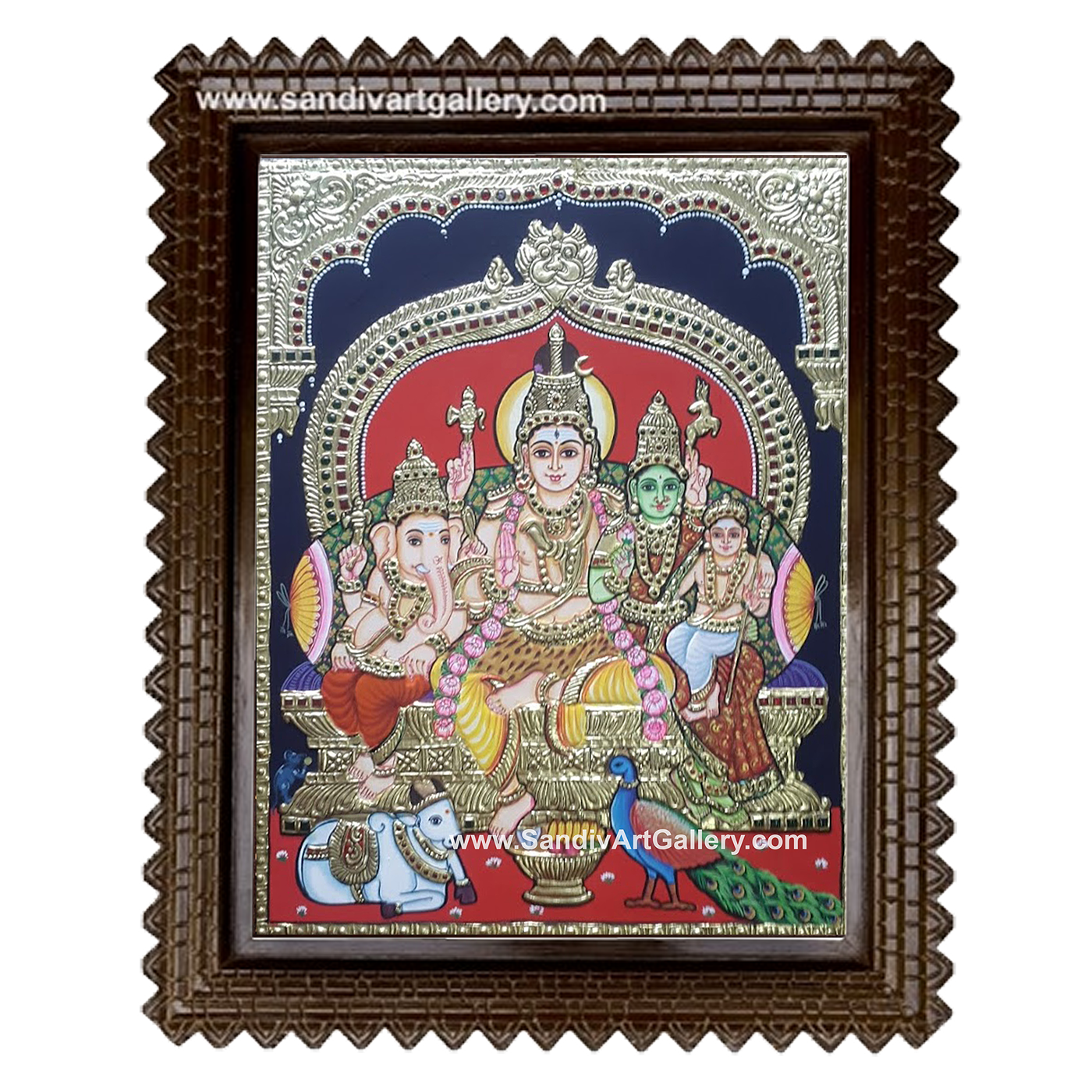 Shiva Parvati Devi Ganesha Karthikeya Tanjore Painting 1