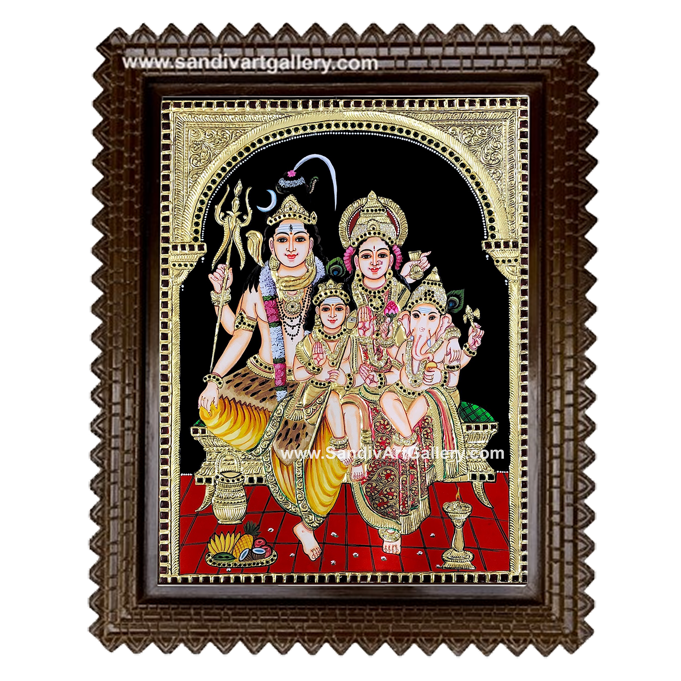 Shivan Parvati Ganesha Subramanya Swamy Tanjore Painting 1