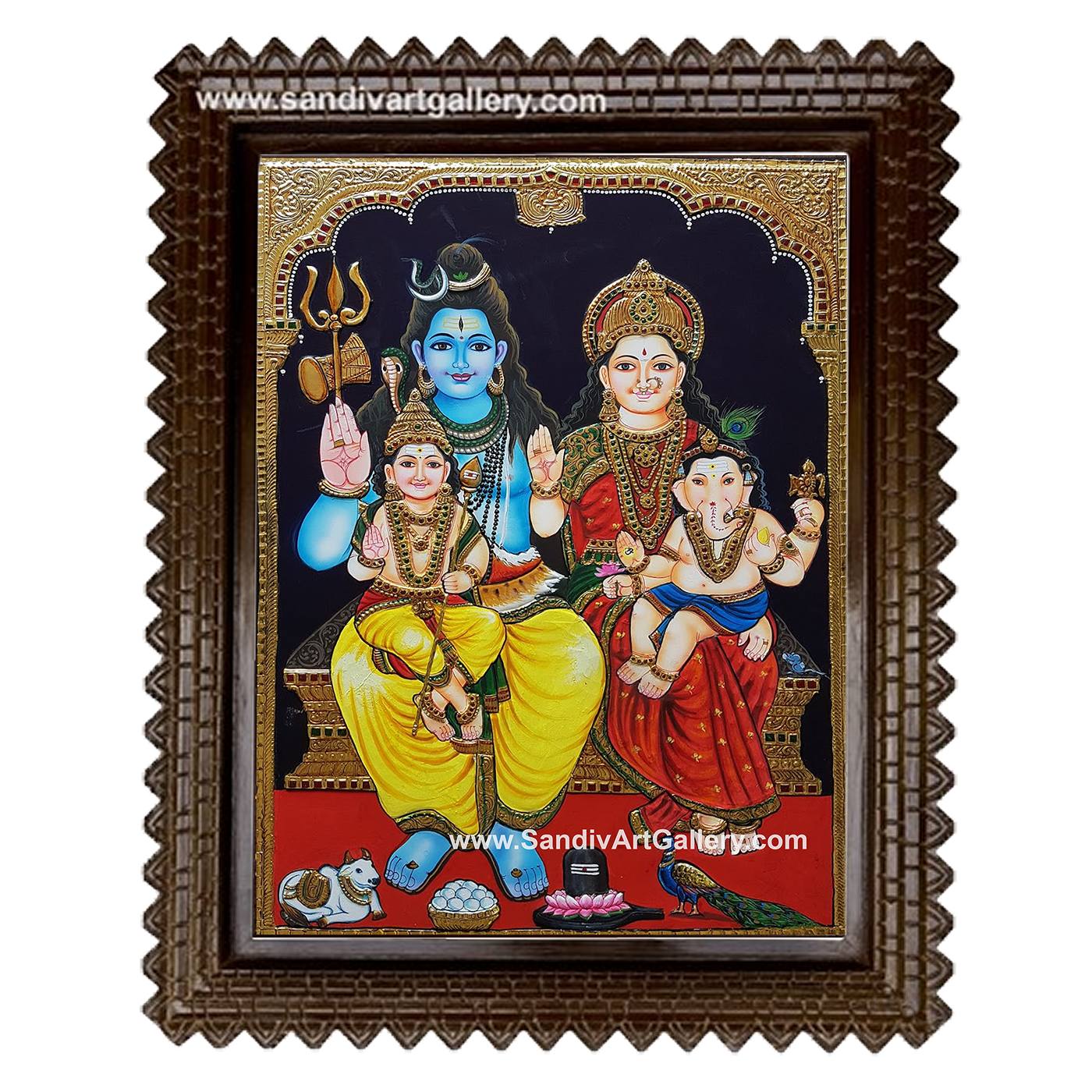 Lord Shiva Parvathi Ganesha and Karthikeya Tanjore Painting