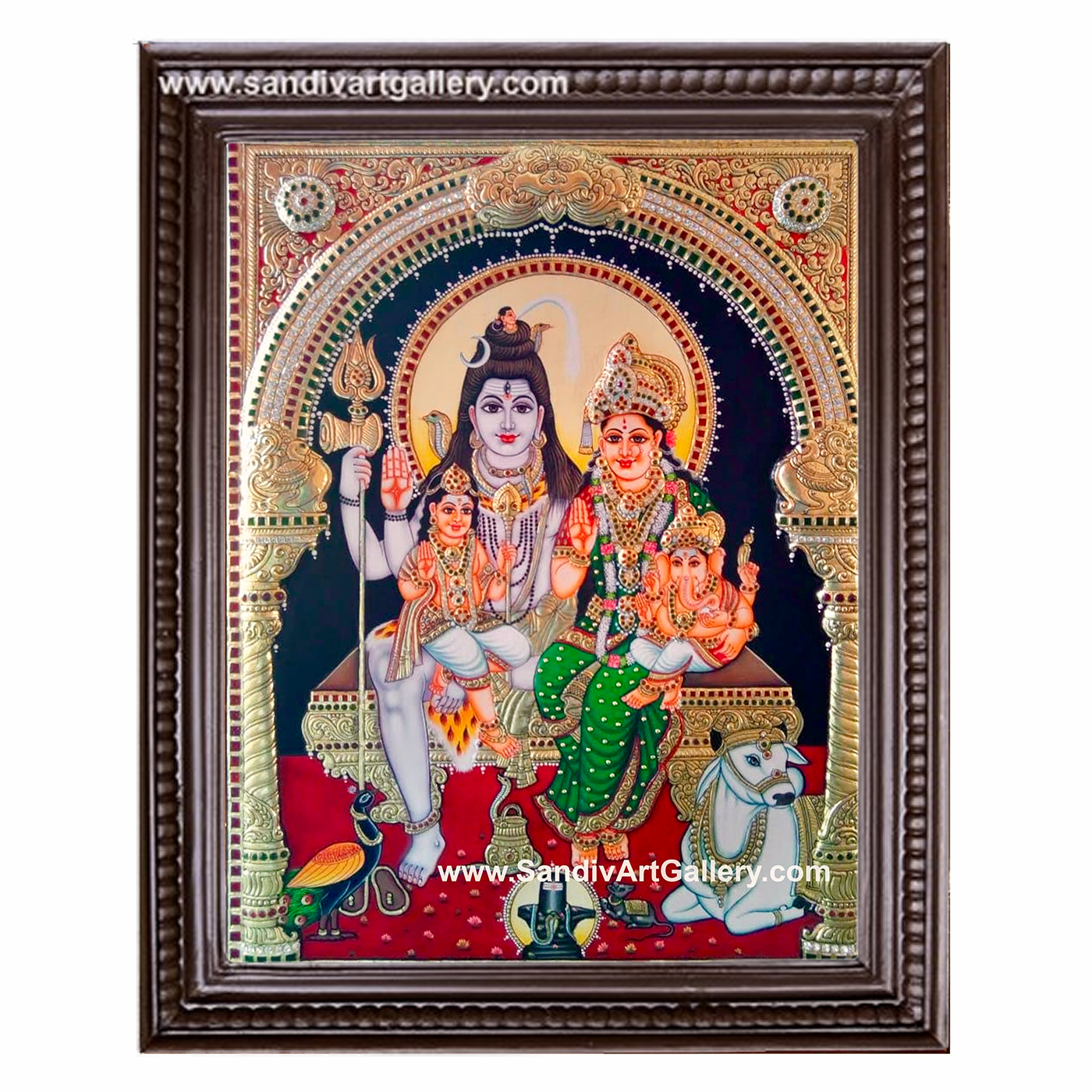 Shivan Parvati Devi Ganesha Karthikeya 2D Embossed Tanjore Painting
