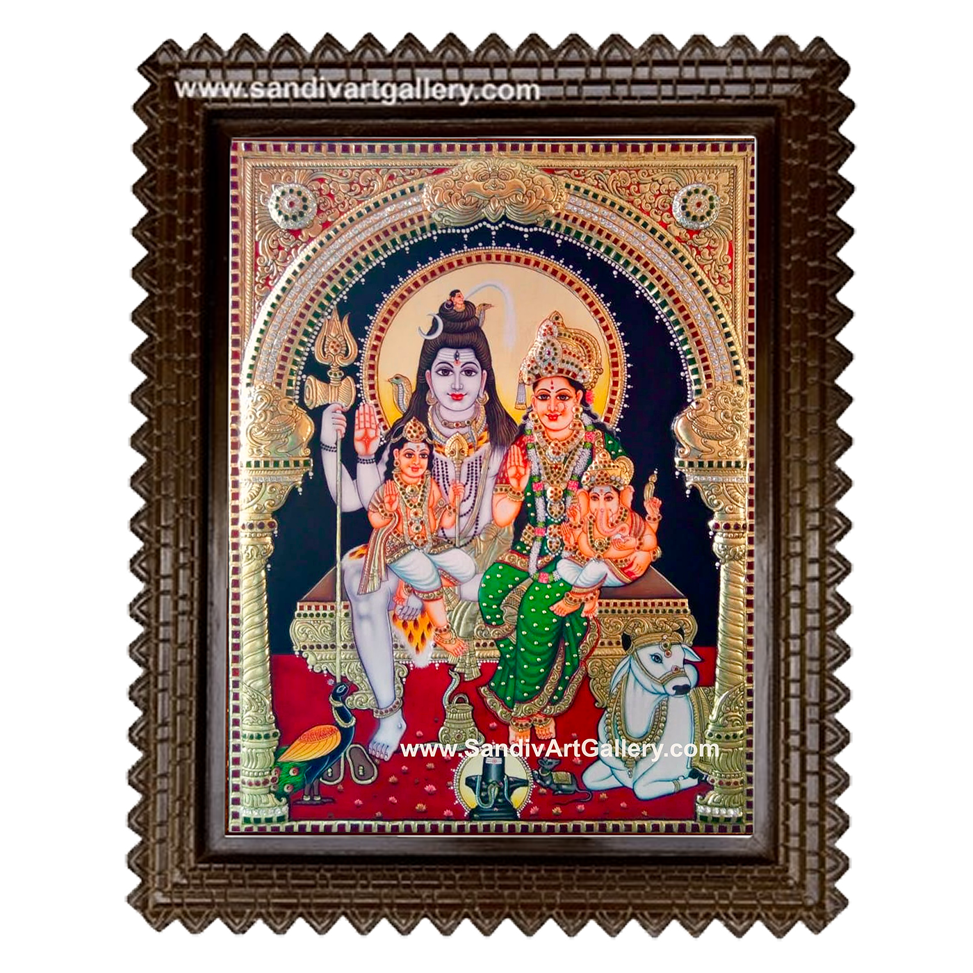 Shivan Parvati Devi Ganesha Karthikeya 2D Embossed Tanjore Painting
