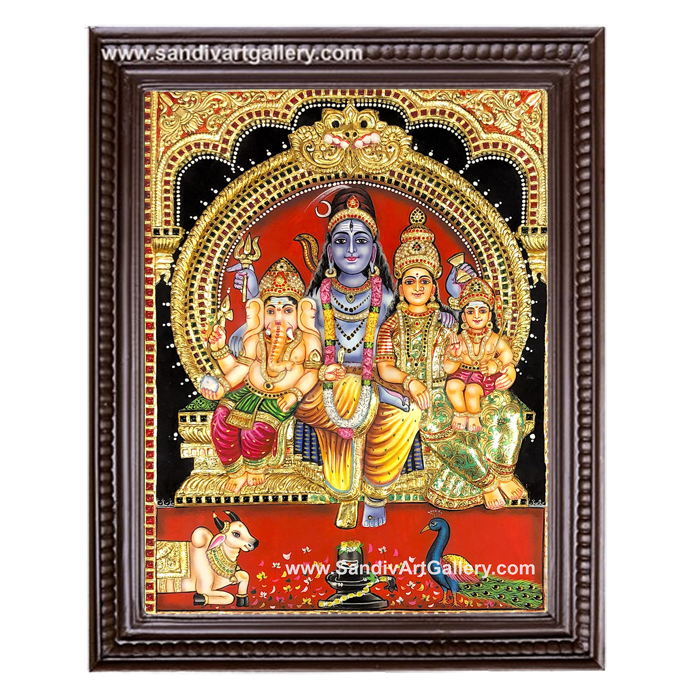 Shiva Family Parvati Ganesha and Murugan 3D Embossed Tanjore Painting