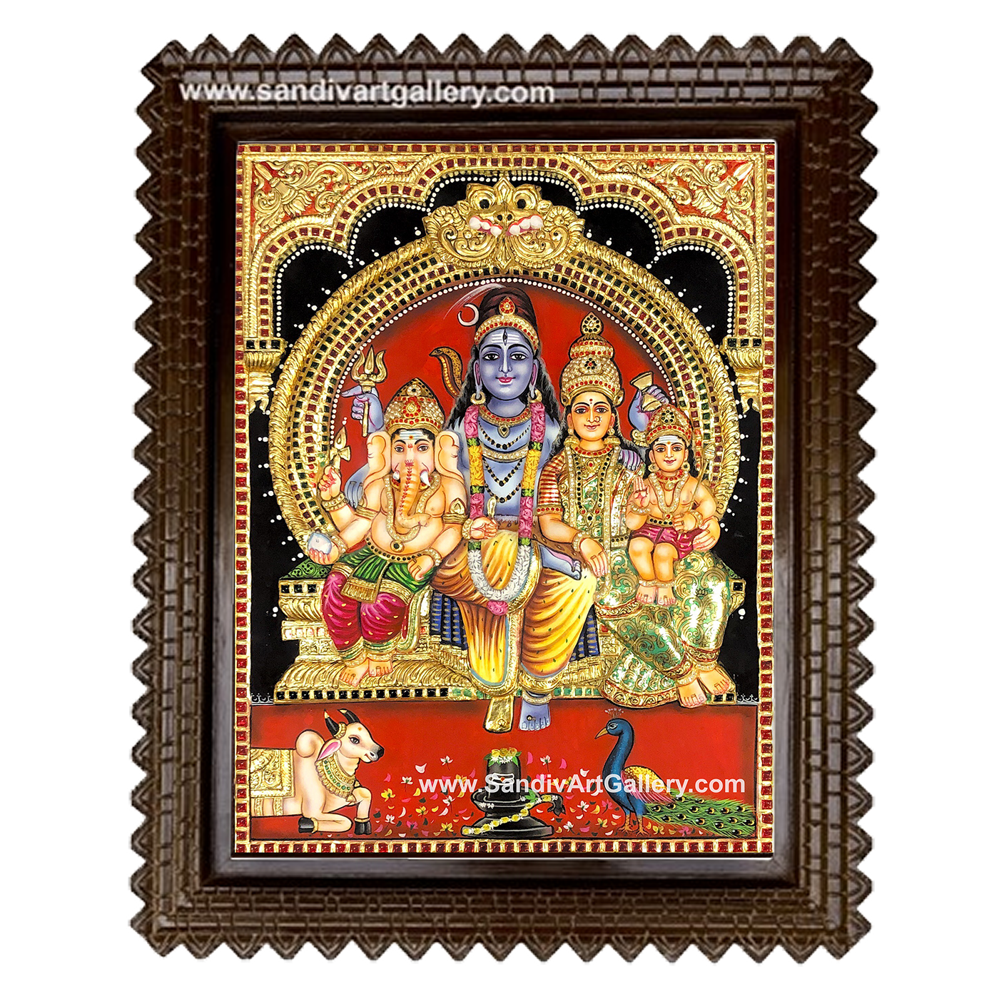 Shiva Family Parvati Ganesha and Murugan 3D Embossed Tanjore Painting