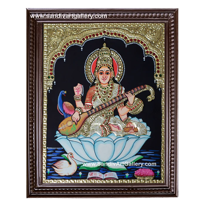 Saraswathi on Lotus Tanjore Painting