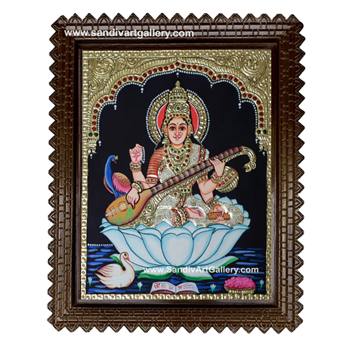 Saraswathi on Lotus Tanjore Painting