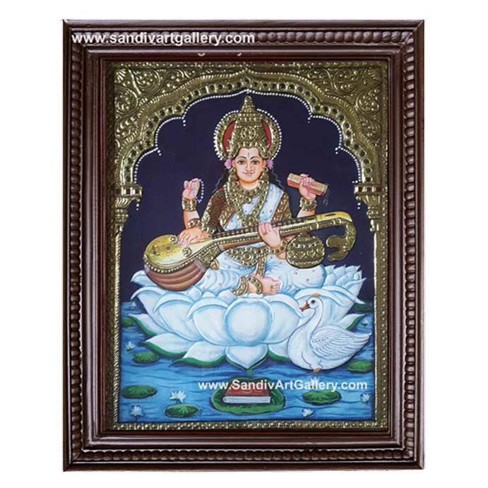 Saraswati on Lotus Tanjore Painting