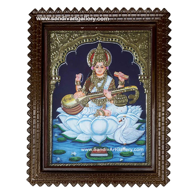 Saraswati on Lotus Tanjore Painting