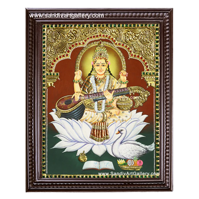Saraswathi Maa on Lotus Tanjore Painting