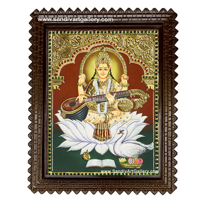 Saraswathi Maa on Lotus Tanjore Painting