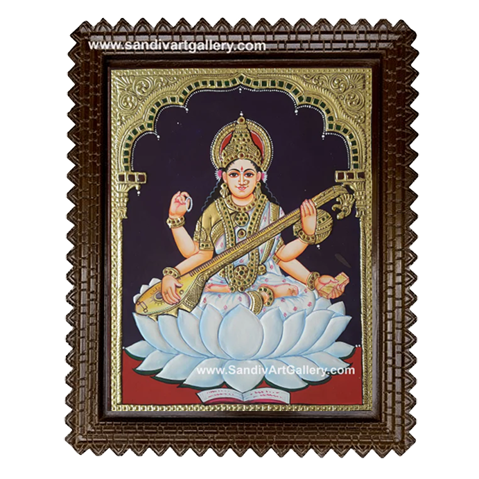 Saraswathi Mata on Lotus Tanjore Painting