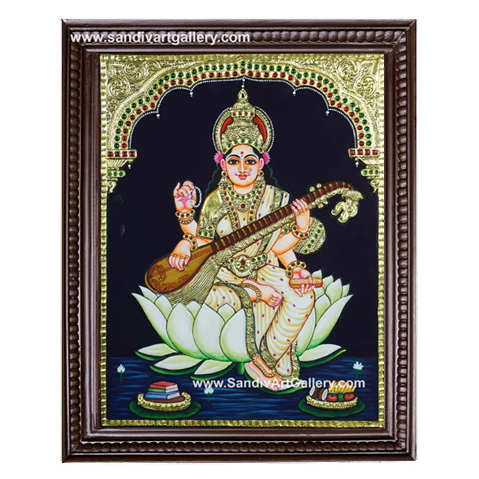 Saraswathi Matha on Lotus Tanjore Painting